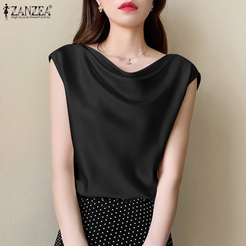 Zanzea Áo Kiểu Vải Satin Không Tay Dáng Rộng Thời Trang Công Sở Cho Bạn Gái