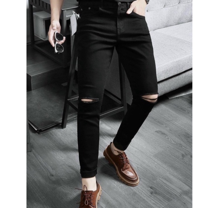 (HÀNG CAO CẤP)-Quần jeans nam đen rách, trơn chất bò co dãn 4 chiều cực đẹp KÈM NHIỀU MẪU MỚI (có bigsize)