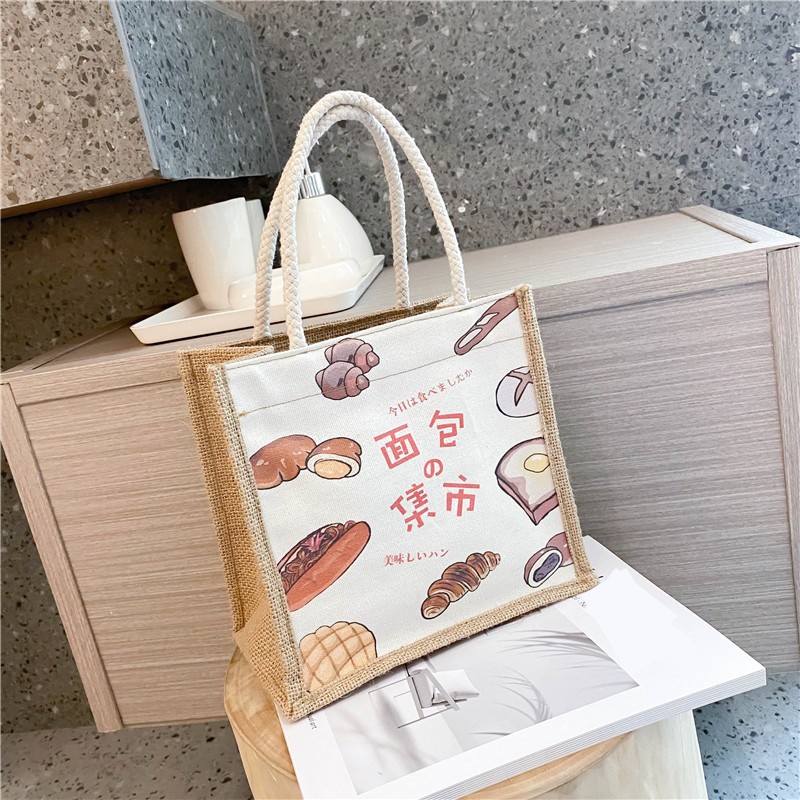 Túi xách linen vải mềm in hoạt hình vintage thời trang nữ