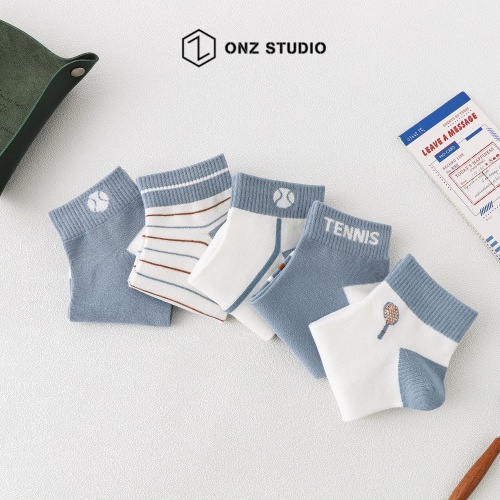 Set vớ cotton ONZ Studio hoạ tiết tennis - Set 5 tất chân unisex cổ ngắn co giãn thoáng khí thấm hút mồ hôi TA08
