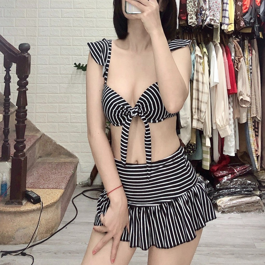 BIkini 2 mảnh kẻ ngang, bộ bơi rời tắm biển cho nữ có gọng  Bikini191