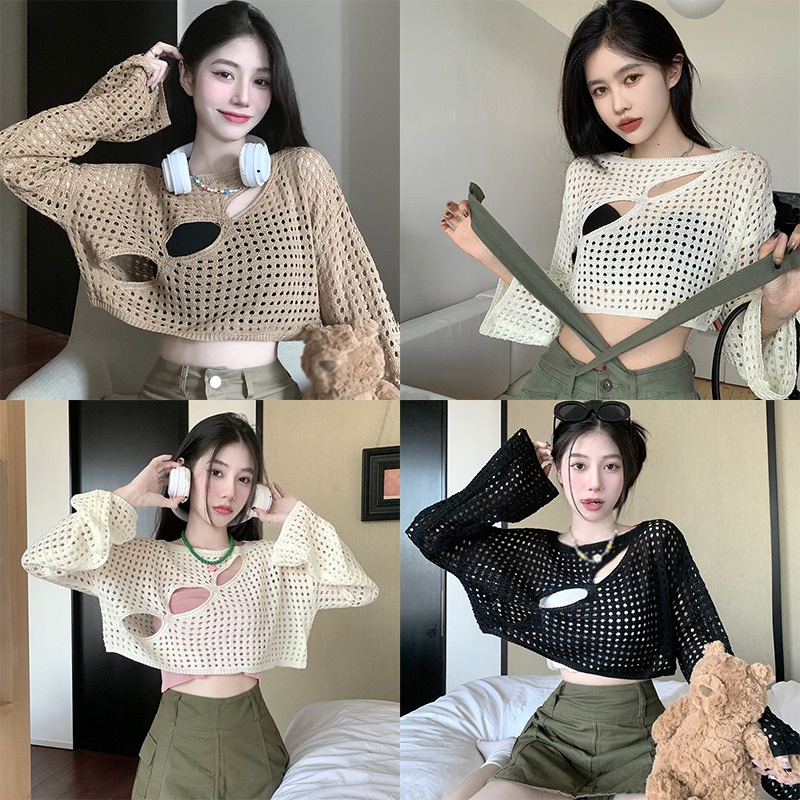 Áo Croptop Dệt Kim Tay Dài Cổ Tròn Màu Trơn Phối Lưới Thời Trang Hàn Quốc Cho Nữ