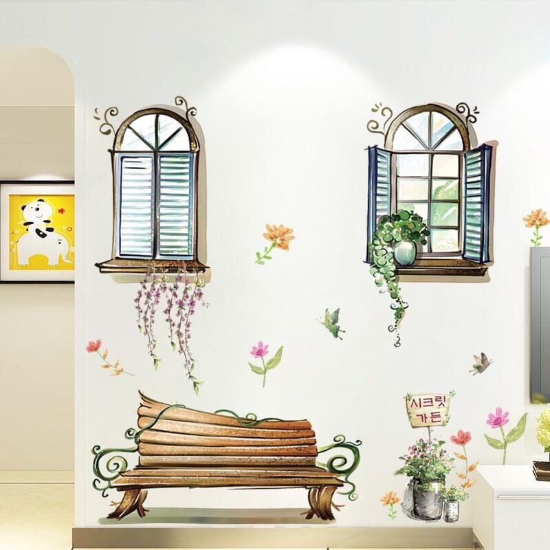 Decal dán tường mèo cute và cửa sổ ghế đá.