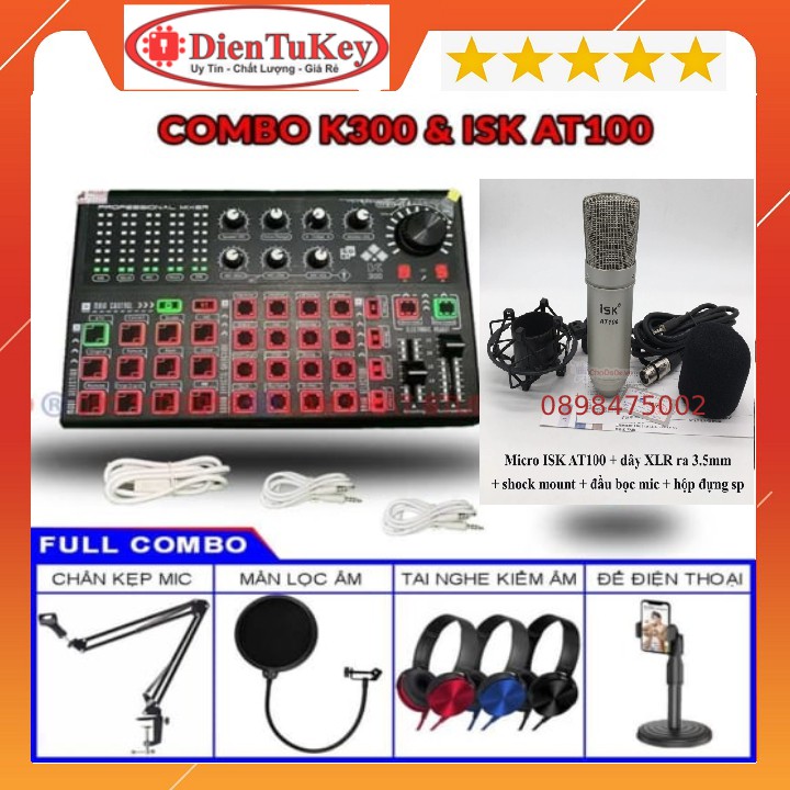 Bộ live Sound Card K300 Autotune và mic thu âm ISK AT100 tặng kèm tai nghe chuyên thu âm, livestream, karaoke onine