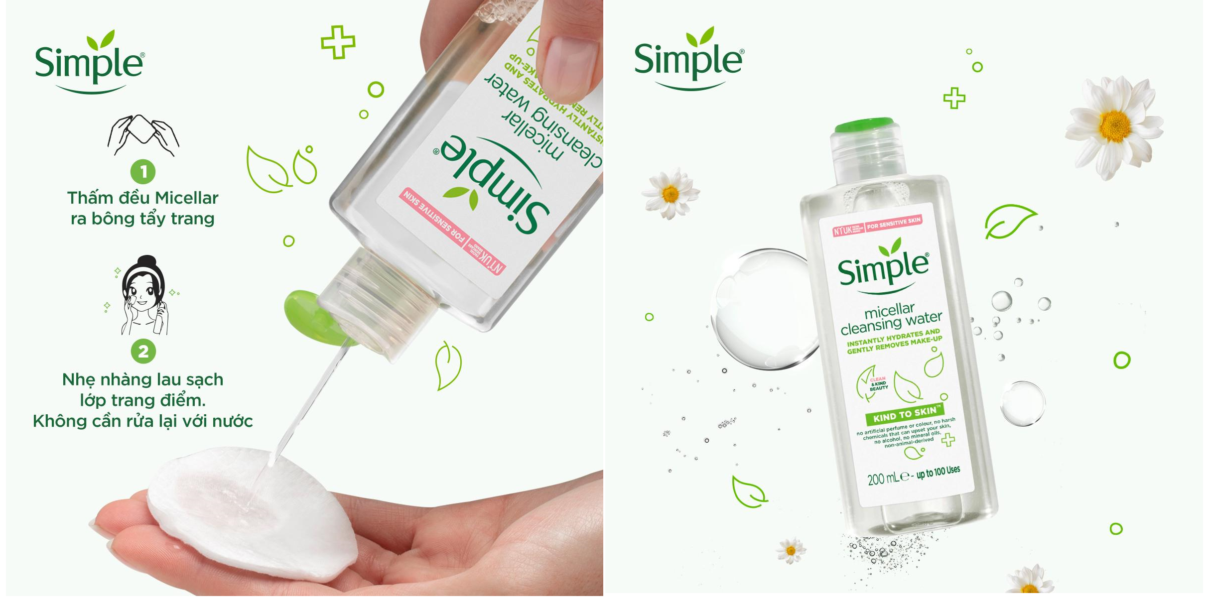 Nước Tẩy Trang Simple Micellar Sạch Trang Điểm Vượt Trội Không Chứa Cồn Gây Khô Rát Kèm Dưỡng Ẩm Chính Hãng 200Ml