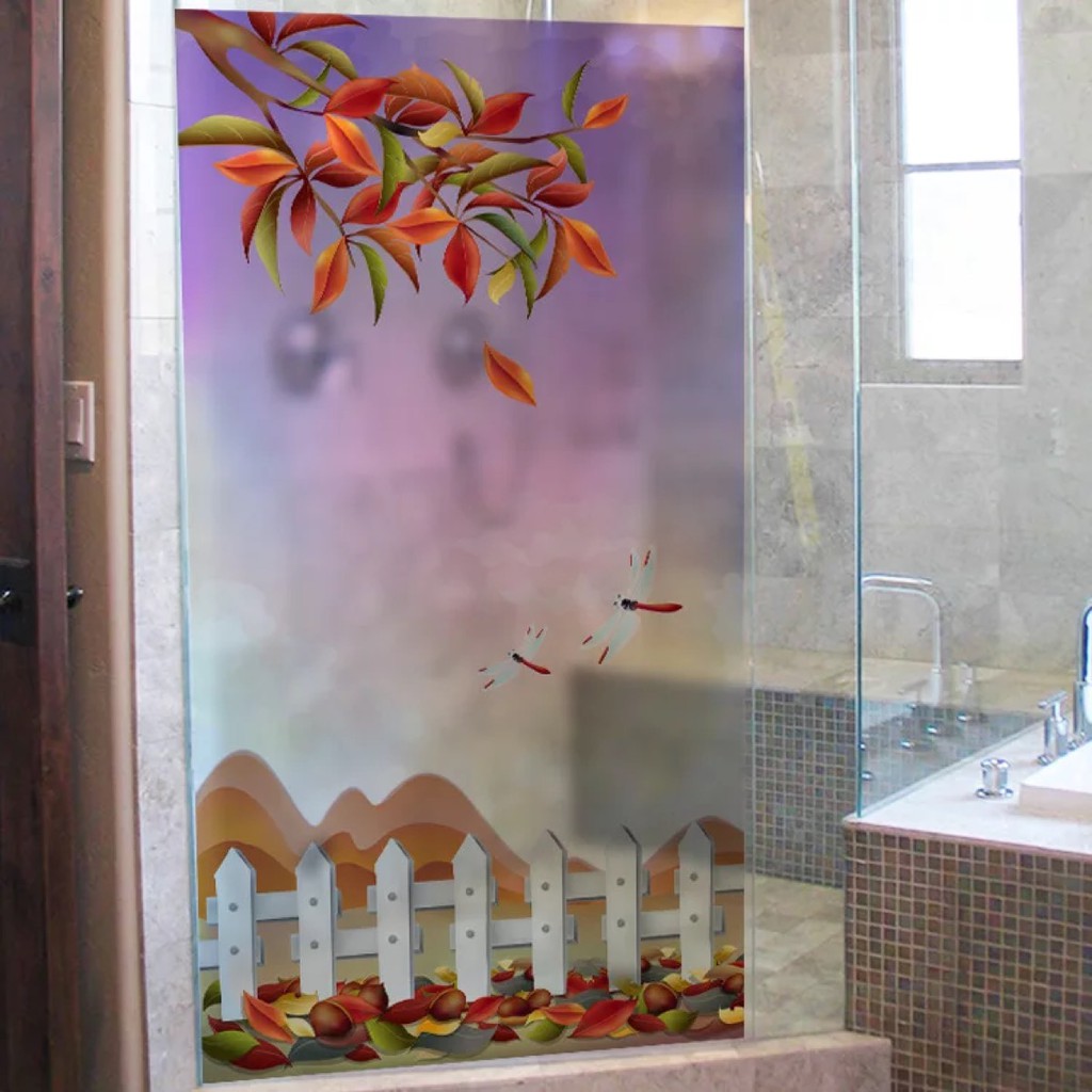 Decal trang trí kính cao cấp mẫu hàng rào trắng và lá mùa thu rơi (60cm x 116cm)