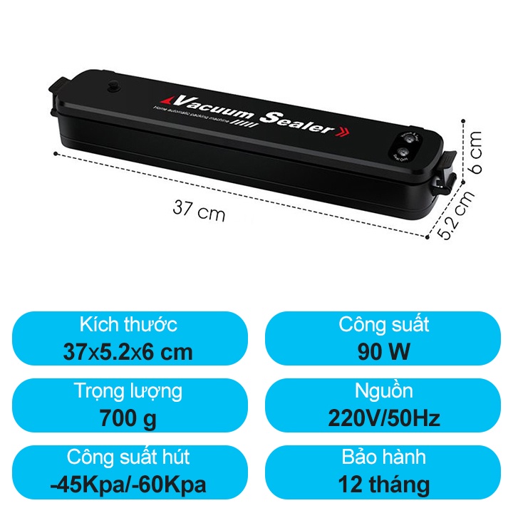 Máy Hút Chân Không Bảo Quản Thực Phẩm Gia Đình Vacuum Sealer BH 12 Tháng - Hút Khỏe, Nhanh, Tặng Kèm Túi