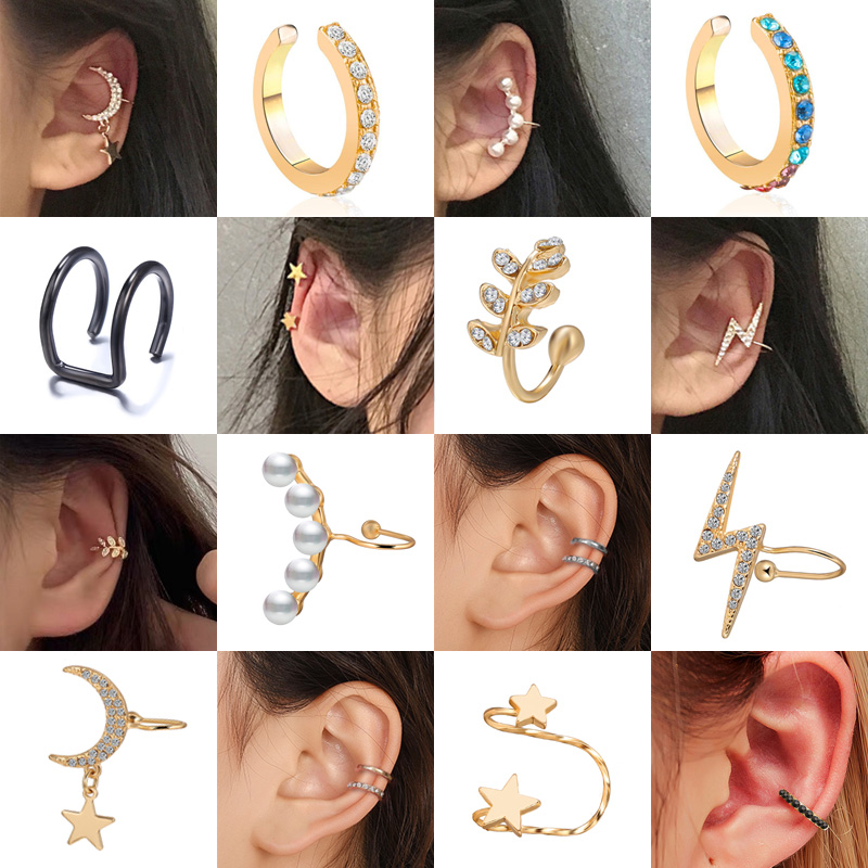 1pc Fashion Gold Leaf Clip Earring For Women Without Piercing Puck Rock Vintage Crystal Ear Cuff Girls Jewerly Gifts