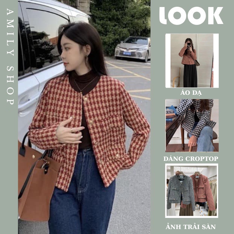 Áo khoác dạ kẻ dáng croptop tay dài style ulzzang