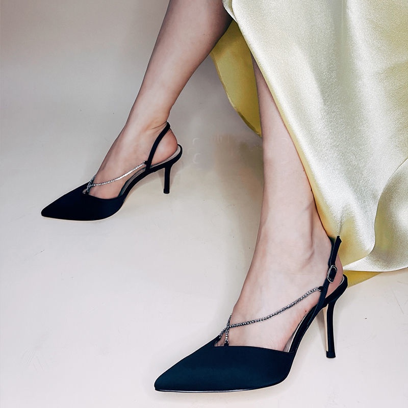 Giày Sandal Cao Gót Phối Dây Xích Đính Đá Phong Cách ck Thời Trang Mùa Hè Dành Cho Nữ~2022