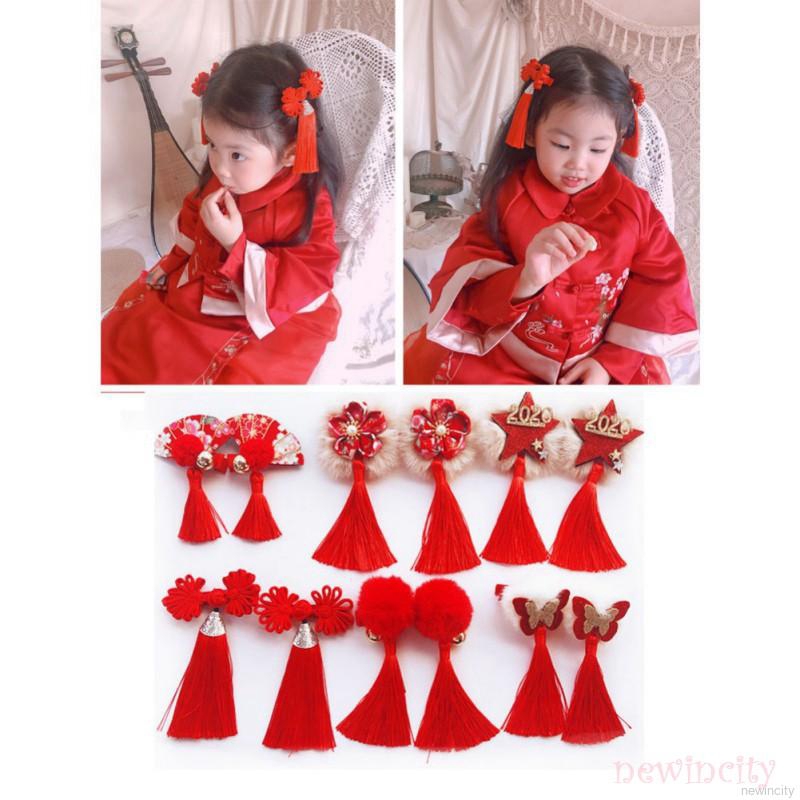 Kẹp tóc đính nơ hình bông hoa phong cách Trung Hoa xinh xắn cho bé gái