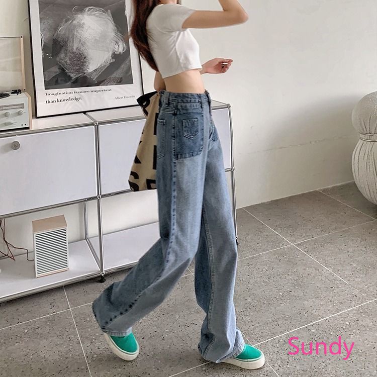 Quần Denim Lưng Cao Phối Màu Phong Cách Vintage Thời Trang Mùa Thu Cho Nữ