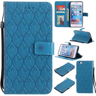 For iPhone 6 Plus/6S Plus Blue Lanyard Relief Flower Leather Flip Case