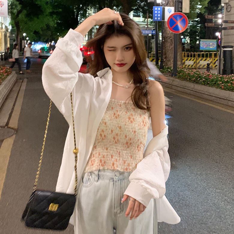 SUXI Set Áo Sơ Mi Tay Dài Màu Trơn + Áo Hoa Hai Dây Thời Trang Mùa Hè Cho Nữ