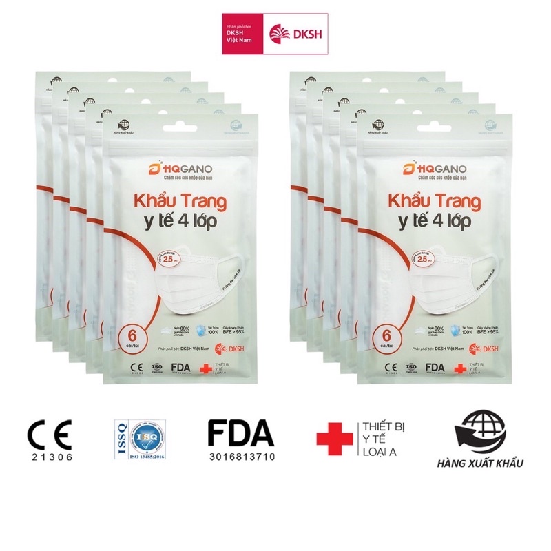 mCombo 8 Gói khẩu trang y tế quai thun 4 lớp HQGANO kháng khuẩn,đạt chuẩn xuất khẩu,ko mùi,mềm mại
