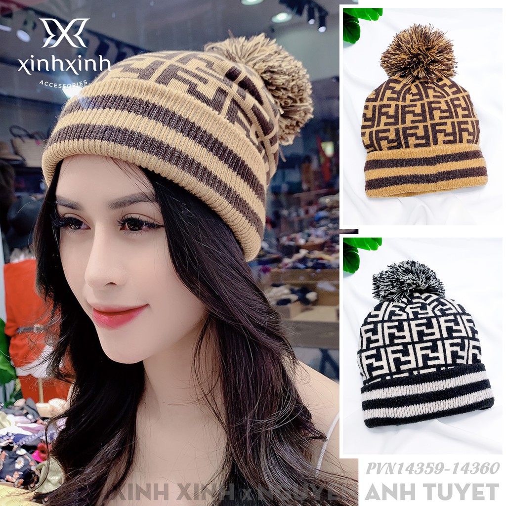 Mũ len, nón len quả bông phối màu họa tiết chữ F cao cấp - Xinh Xinh Accessories