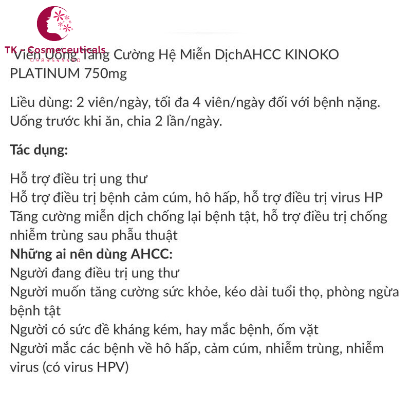 AHCC Kinoko Platinum 750mg Mỹ Tăng Cường Miễn Dịch Đào Thải HPV 60 Viên