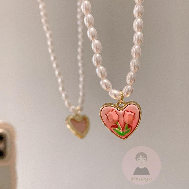 Vòng cổ Mặt Hoa Tulip Đính Ngọc Trai Thời Trang Cho Nữ