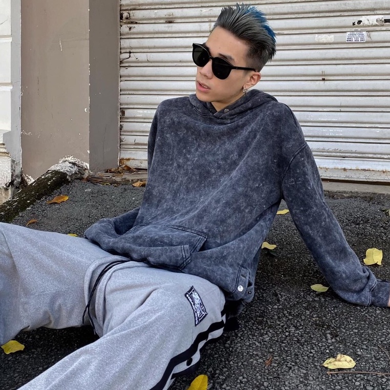 Áo hoodie unisex acid button đen khói Jiang Store - áo nỉ hoodie unisex form rộng trẻ trung