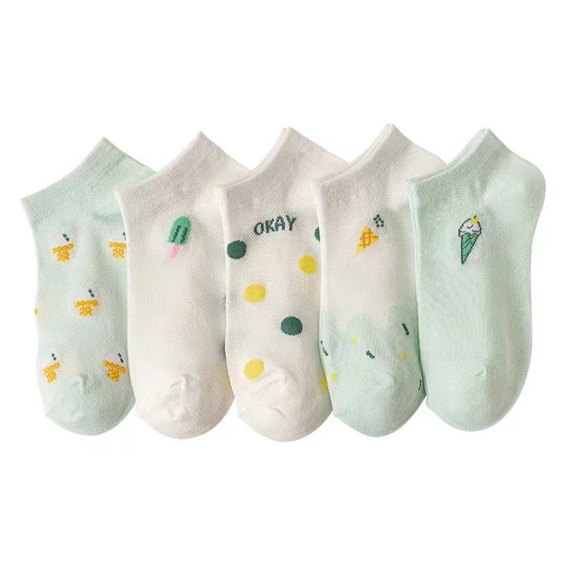 Tất vớ nữ cổ thấp cotton mỏng thoáng lưới hoạ tiết cây kem màu xanh lá dễ thương