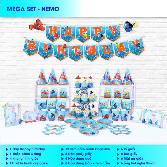 Set giấy mega trang trí sinh nhật gà,  mickey, poketmon, biệt đội chó, nemo,  hoàng tử, gà vàng, dê,  khỉ