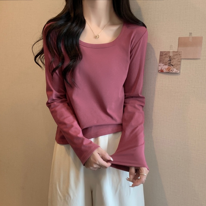 ZHELIHANGFEI Áo Thun Tay Dài Cổ Vuông Dáng Rộng Kiểu Dáng Đơn Giản Hợp Thời Trang