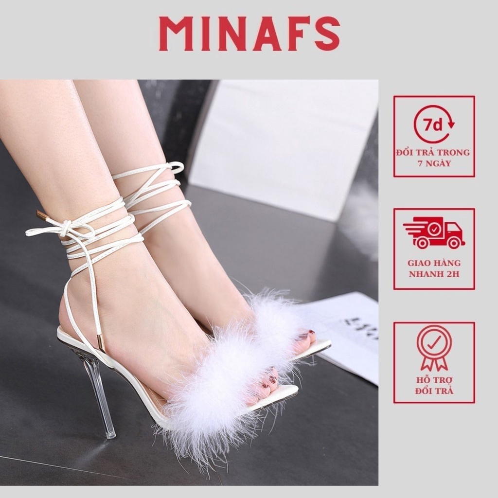 Guốc Dây Quấn Nữ MINAFS Giày Đan Chiến Binh Gót Nhọn Sandal Nữ Mũi Nhọn Quai Ngang Lông Gót Nhọn Cao 9cm - SDDCL