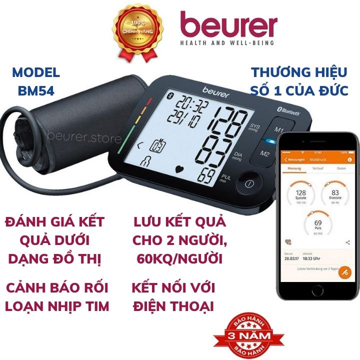 Máy đo huyết áp bắp tay tự động Beurer BM54, máy đo huyết áp đức, lưu kết quả cho 2 người, kết nối với điện thoại