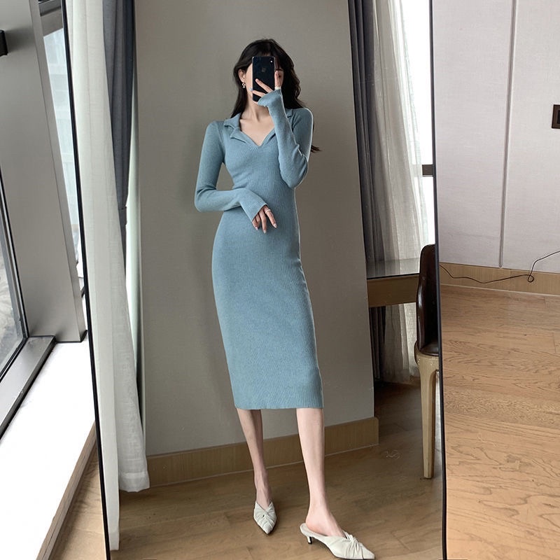 Váy len body dáng dài cổ bẻ thời trang