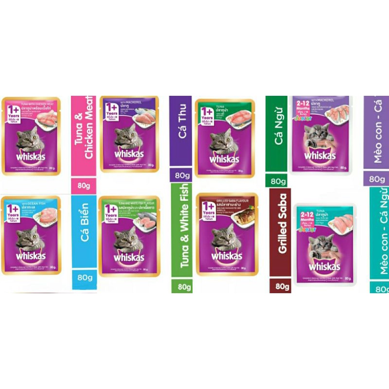 Pate Cho Mèo Lớn, Pate cho mèo con,  Whiskas1+ Whiskas junior  túi 80g vị Cá Ngừ, Thu, Biển, Saba, Gà, White fish