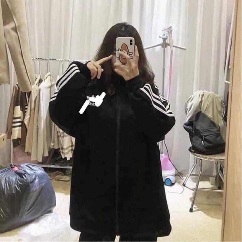 Áo Khoác From Rộng Thêu Logo 3 Sọc Nữ [Freeship]�Jacket thể thao nỉ ngoại màu đen