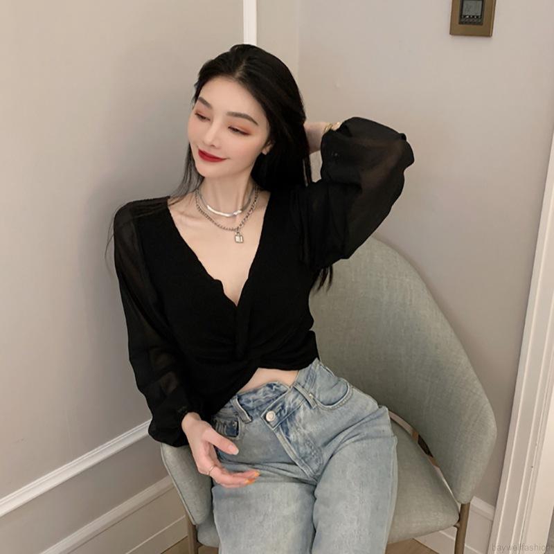 Áo vải chiffon dệt kiểu dài tay cổ chữ V quyến rũ cho nữ