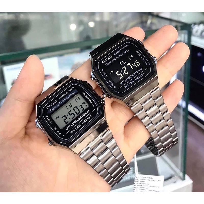 Đồng hồ Nam Casio A168WGG-1A, đồng hồ chính hãng, dây xám, mặt đen, màn hình trắng