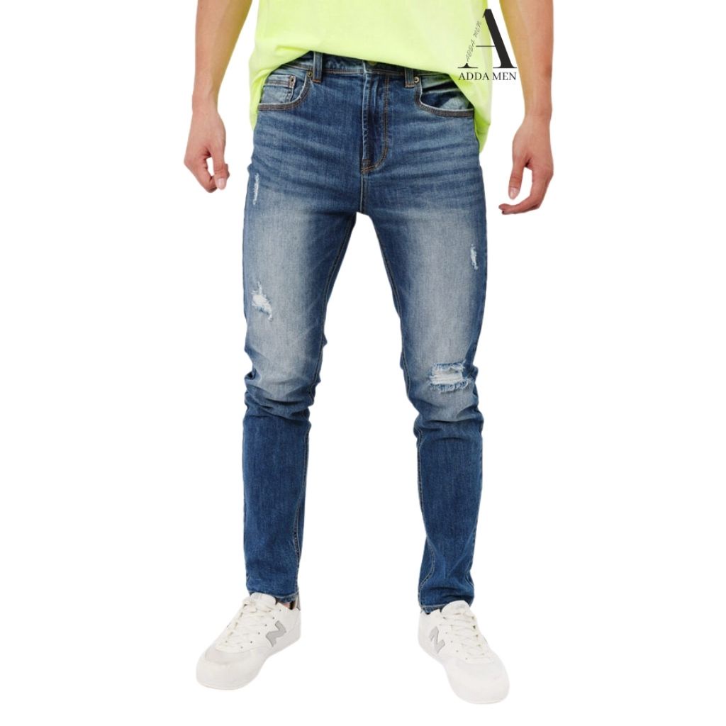 Quần jean nam xước Men Fasshin Show quần jean nam slim ống bó màu xanh mài đùi - 2143