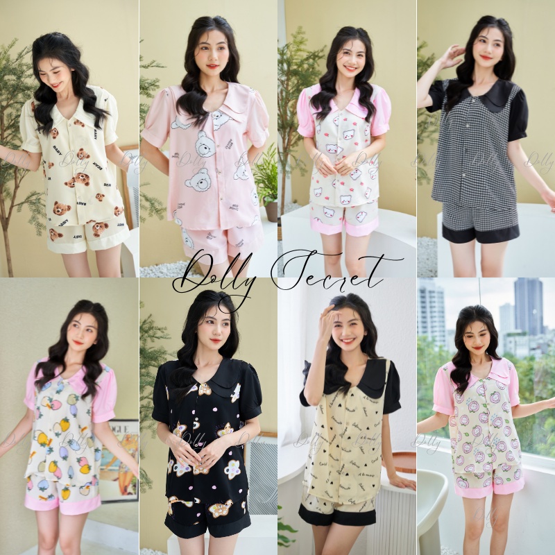 Bộ mặc nhà Pijama lụa mango tay cộc quần đùi DOLLY SECRET phối họa tiết dễ thương tay bồng cổ kép
