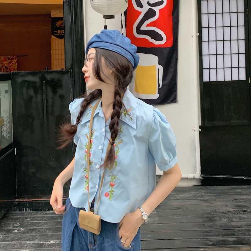 Áo sơ mi thêu hoa phong cách retro Hàn Quốc thiết kế thời trang cho nữ