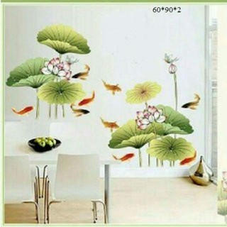 Decal trang trí tường hoa sen và cá vàng..