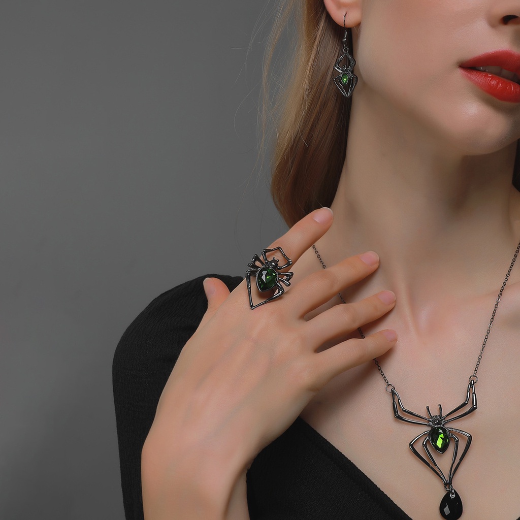 Bộ Vòng cổ + Bông Tai + Nhẫn Hình Nhện Đính Đá Cho Nữ