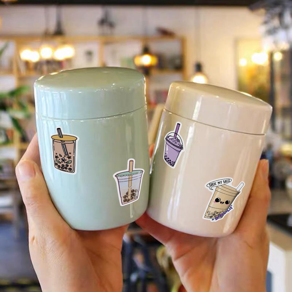 Set 50 miếng dán hình ly trà sữa chống nước xinh xắn