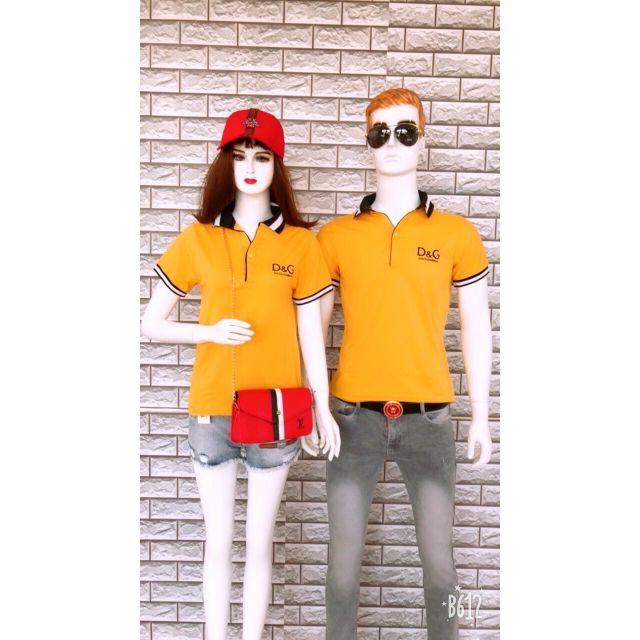 Áo thun unisex cặp D&G ngắn tay cổ sơmi màu vàng và trắng nam nữ đều mặc được