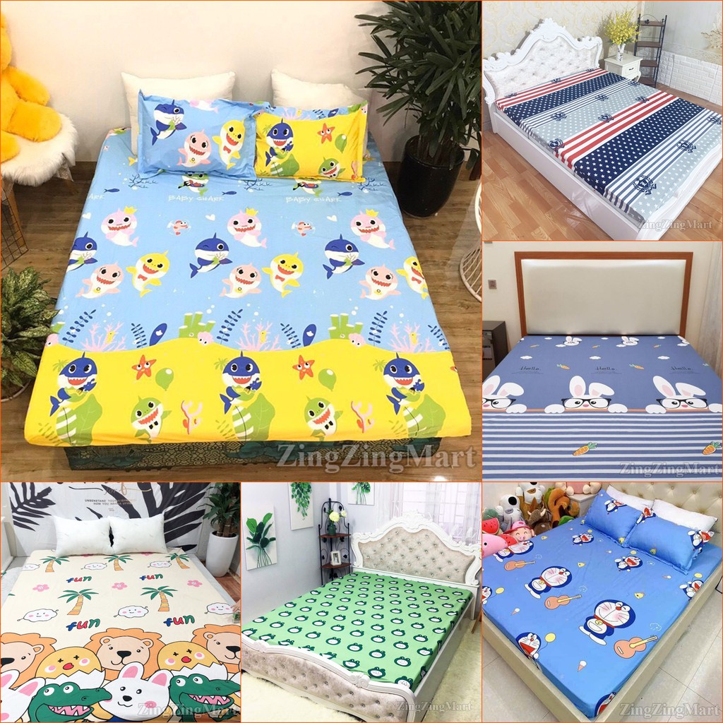 Combo ga chống thấm cotton m8 kèm 2 vỏ gối thường  (Heo hồng + thỏ ghi)