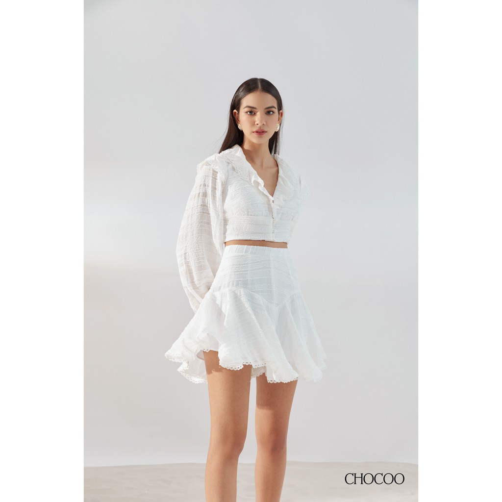 Set đồ nữ CHOCOO Roxana áo dài tay croptop x chân váy ngắn xòe màu trắng chất voan cao cấp