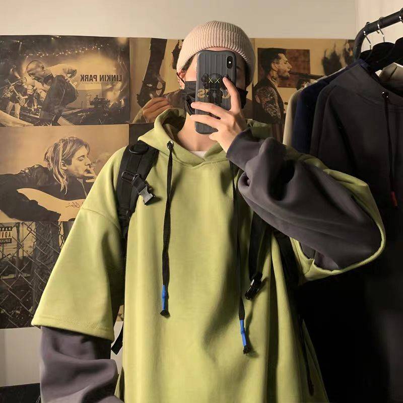 Áo hoodie Giả 2 Lớp Dày Dặn Dáng Rộng Phong Cách Hàn Quốc Thời Trang Thu Đông Cho Nam
