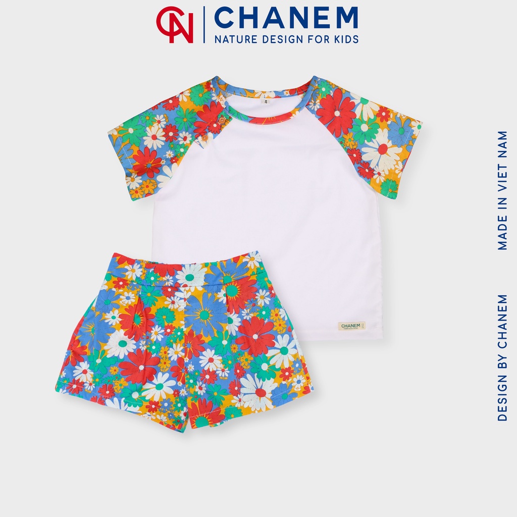 Set đồ bộ bé gái ROSASET CHANEM, áo ngắn tay phối 2 cúc mix quần đùi hoa cho bé từ 1 - 10 tuổi