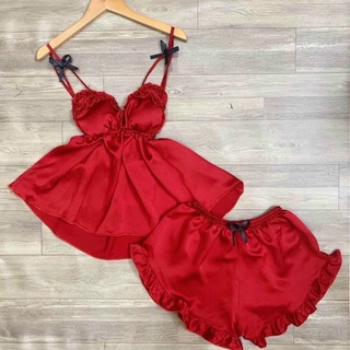 Sét bộ 2 dây quần dập ly phi lụa (có mút lót ngực), Set đồ ngủ nữ
