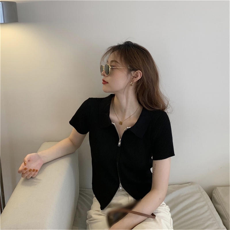 Áo Croptop Ngắn Tay Hai Dây Có Khóa Kéo Màu Sắc Trơn Thời Trang Mùa Hè Dành Cho Nữ