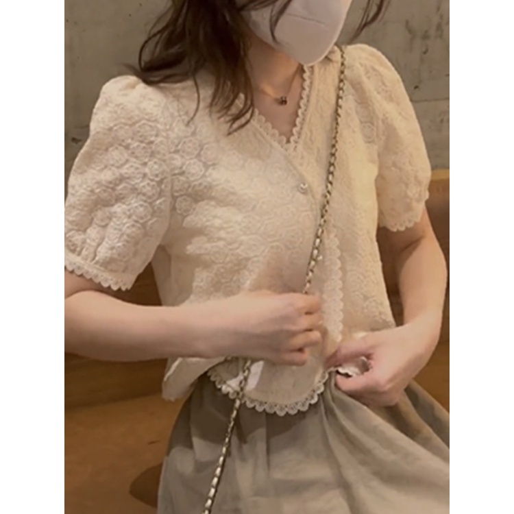 Hàng Châu Âu Cao Cấp Áo Cardigan Ngắn Tay Phối Ren Hoa Dây Xích Thời Trang Mùa Hè  Thiết Kế Mới Dành