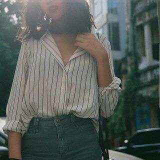 Áo sơ mi lụa mềm kẻ sọc cộng ảnh thật