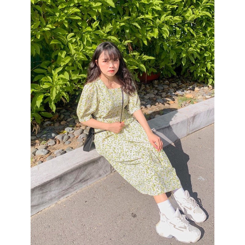 Đầm babydoll hoa nhí eo nơ 2 bên