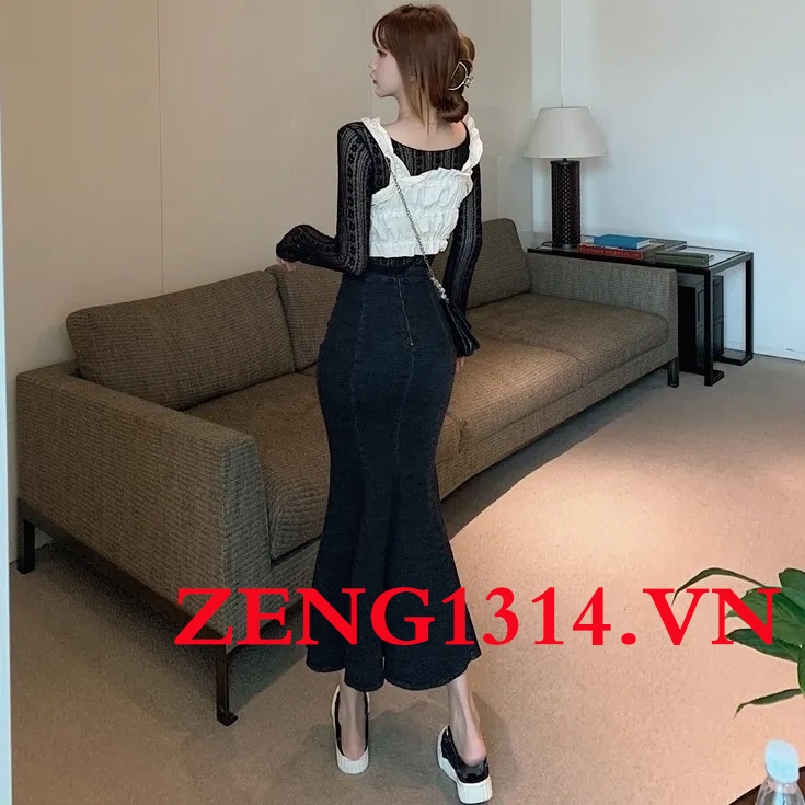 Chân váy đuôi cá dáng chữ A lưng cao chất liệu denim thời trang mới cho nữ